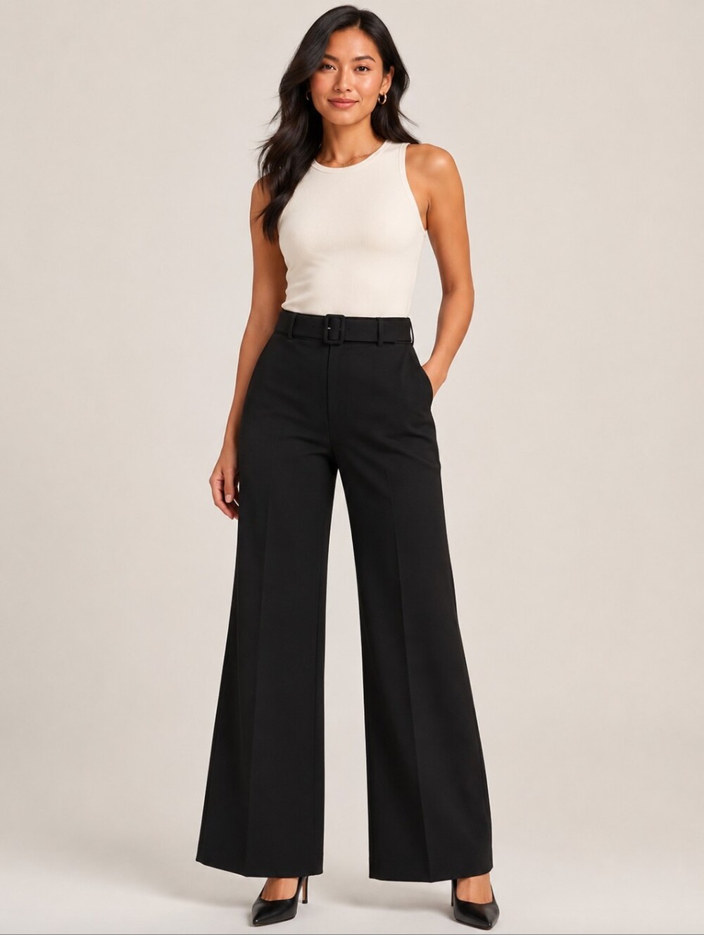❤️ ANN TAYLOR TEXTURED HIGH RISE WIDE LEG FLARE BELTED TROUSERS / PANTS, BLACK